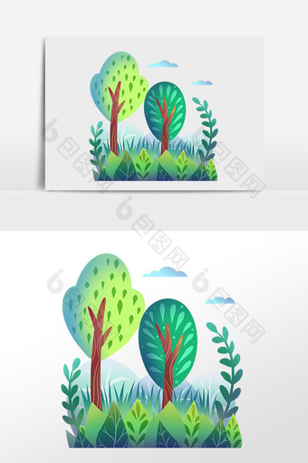 手绘春季云朵下的树林插画图片