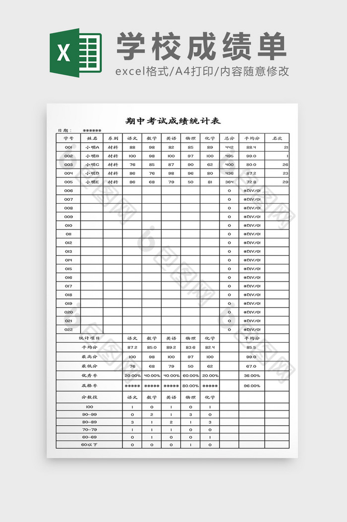 期中考试成绩统计表Excel模板图片图片