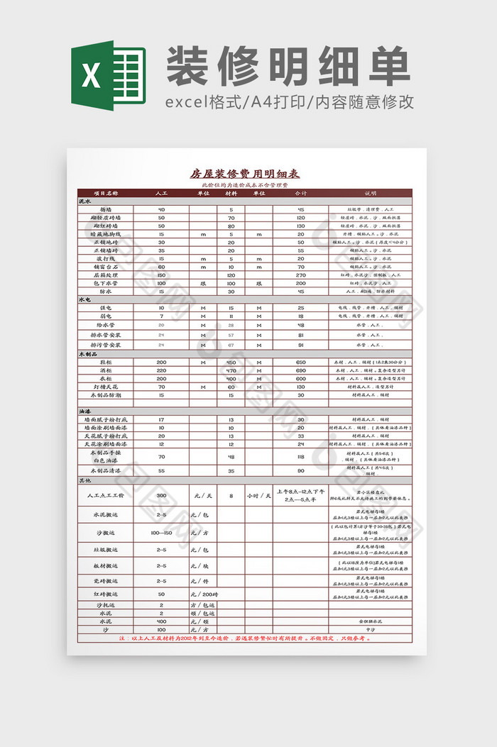 房屋装修明细表Excel模板