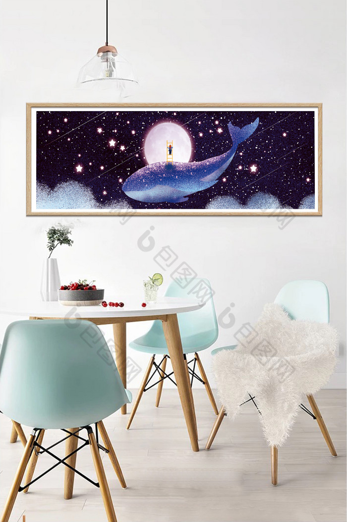手绘夜晚月亮下的鲸鱼风景儿童房卧室装饰画图片图片