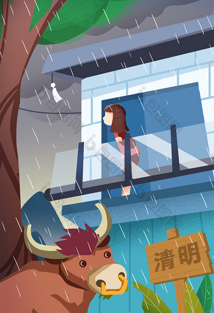 小女手绘清明节下雨天雨季卡通闪屏女生玫瑰插画纹身生图片