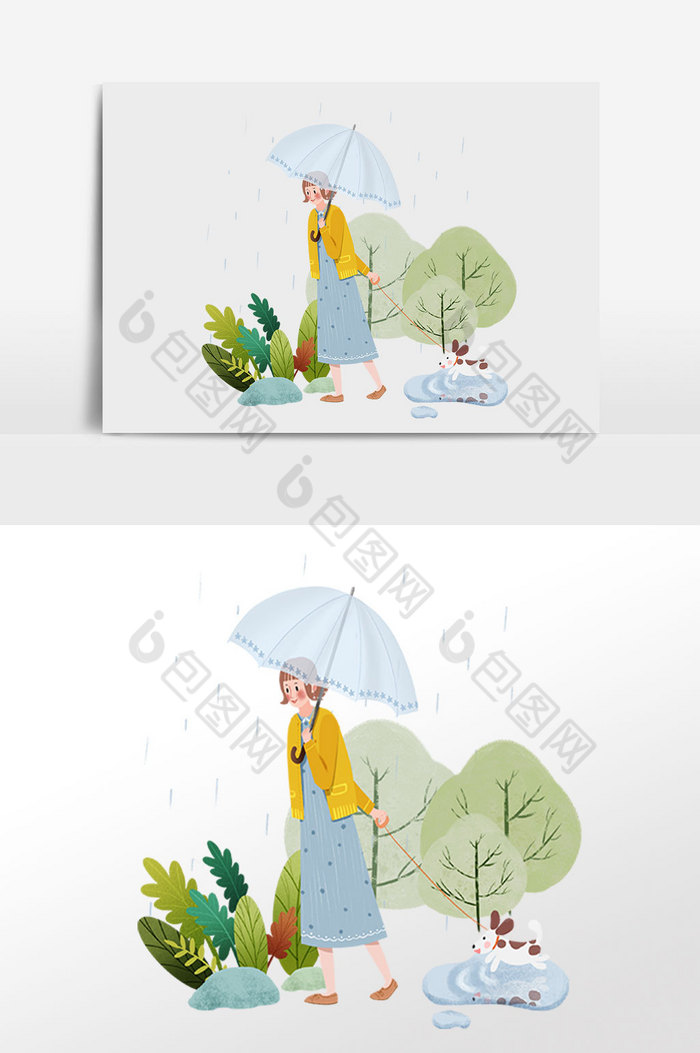 谷雨雨季节气女孩遛狗插画图片图片