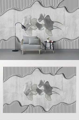 现代极简灰色抽象浮雕艺术银杏铁艺背景墙图片