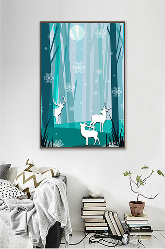 抽象艺术矢量森林白鹿雪景装饰画图片