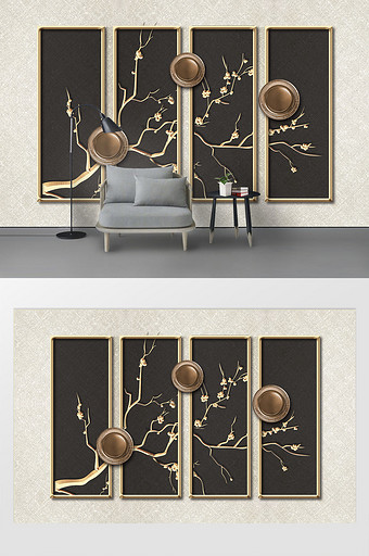 现代艺术金色造型树枝浮雕画框背景墙图片