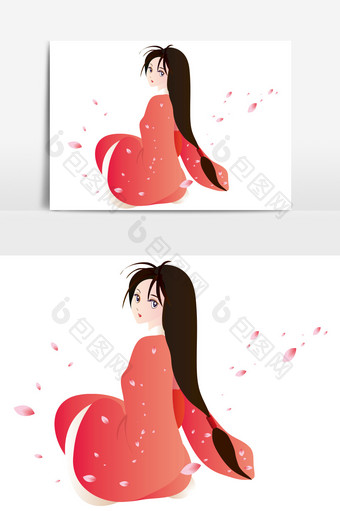 手绘卡通日本女孩樱花飞舞形象元素图片