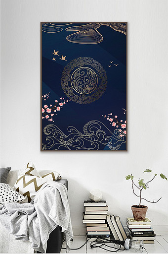 中国风线条花纹仙鹤晶瓷画客厅装饰画图片