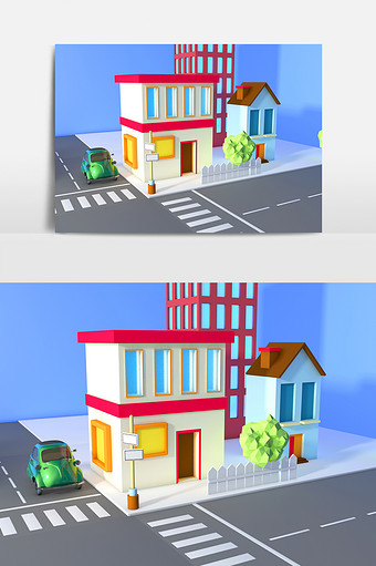 2019C4D街道建筑物街景小场景模型图片