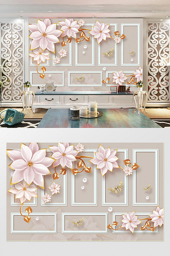 现代奢华粉色珠宝花朵金叶子浮雕框背景墙图片