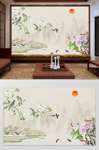 中式江南山水画玉兰花客厅沙发背景墙图片
