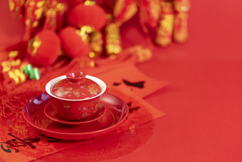 红色茶碗春节喜庆红色背景