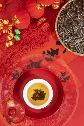 红色茶碗新年喜庆红色背景