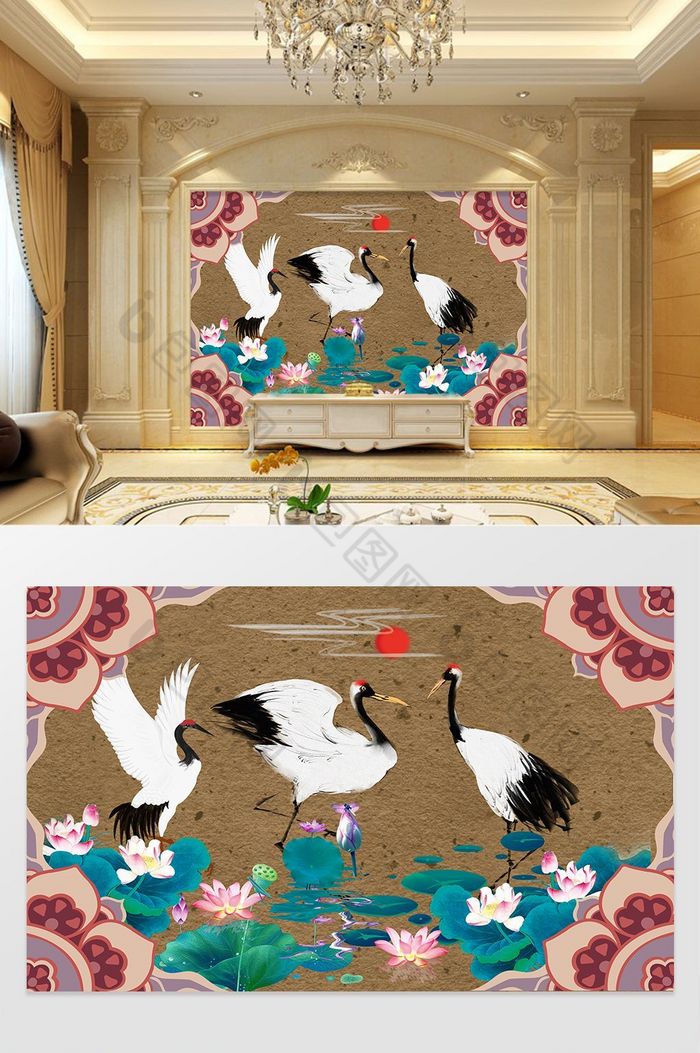 新中式仙鹤荷叶背景墙定制图片图片