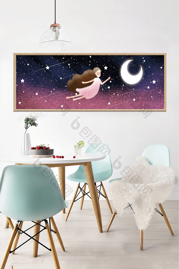手绘月亮星空女孩风景儿童房卧室装饰画图片图片