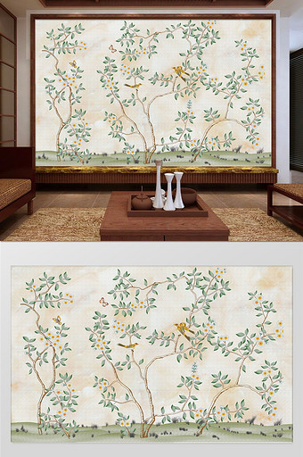 新中式国画花鸟图客厅书房背景墙图片