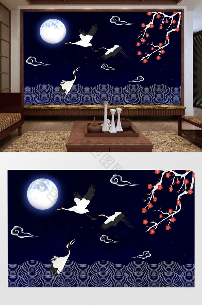 新中式唯美意境仙鹤背景墙图片图片