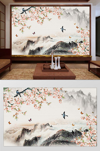 新中式江南花鸟图山水画客厅背景图片