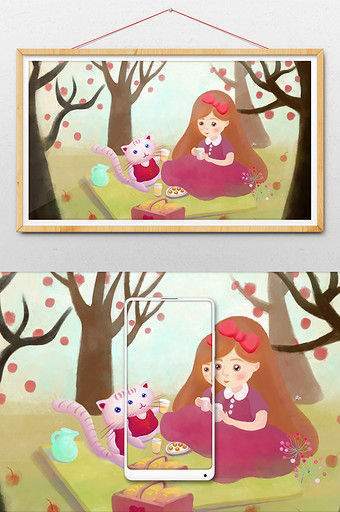 四月你好春游野餐女孩宠物绘本田园水彩插画图片