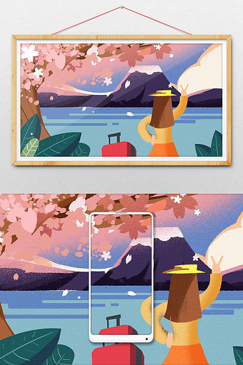 卡通手绘樱花树日本旅行樱花节闪屏海报插画图片