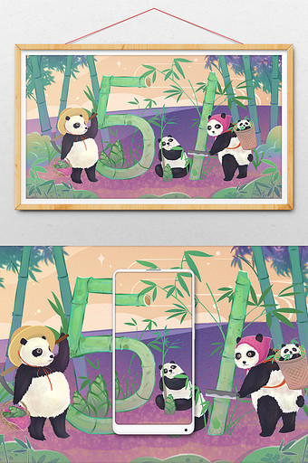 绿色熊猫全家福砍竹子挖竹笋劳动节可爱插画图片
