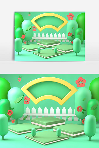 C4D春天植树节绿色森林小场景模型图片