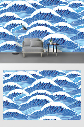 现代简约手绘海浪背景墙
