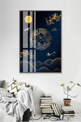 中式金色抽象山川仙鹤客厅装饰画图片