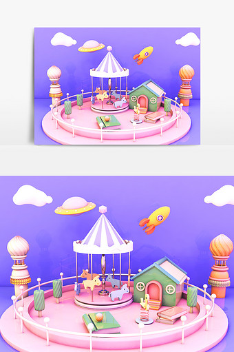C4D卡通旋转木马游乐场舞台小场景模型图片