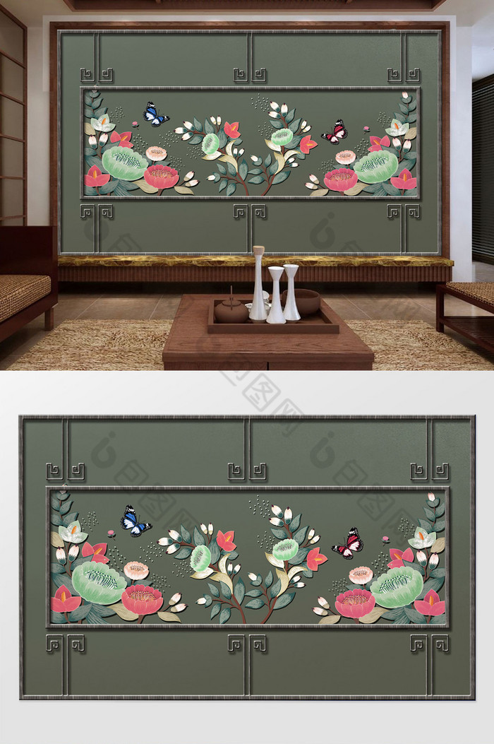 新中式创意夏花蝴蝶电视背景墙图片图片