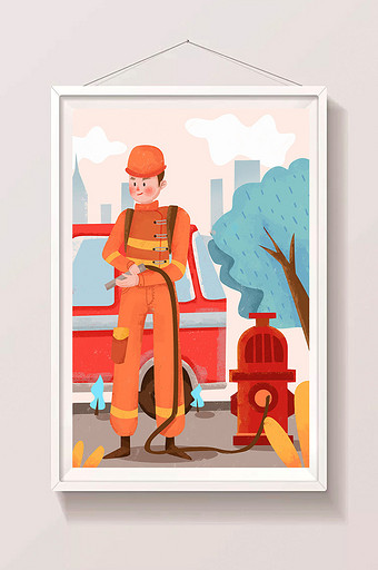 橙色小清新劳动节消防员手绘插画海报图片
