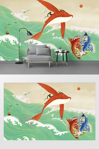 中国风抽象海浪鱼背景墙图片