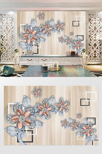现代木板墙面钻石花卉方形框架珠宝背景墙图片