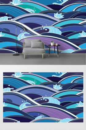 现代简约手绘海浪浪花背景墙
