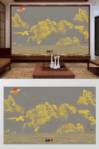 新中式手绘金色线条山水国画电视背景墙图片