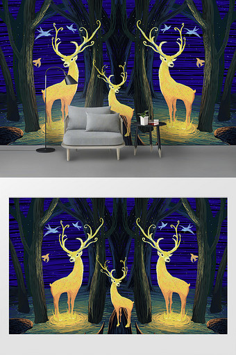 现代时尚唯美线圈森林小鹿飞鸟电视背景墙图片