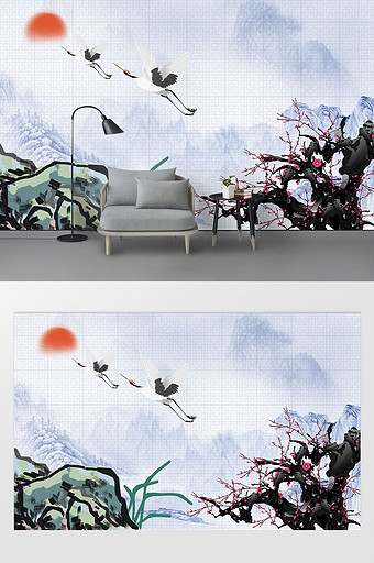 新中式手绘传统松树仙鹤背景墙图片