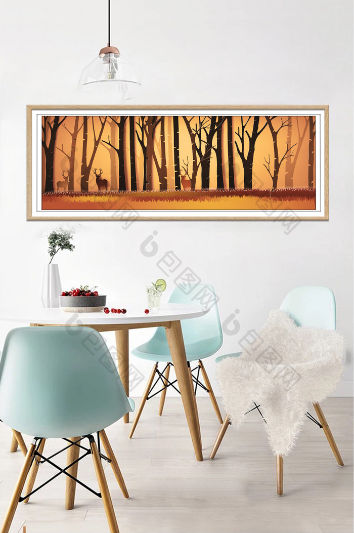 黄昏夕阳森林丛林景观麋鹿装饰画图片图片