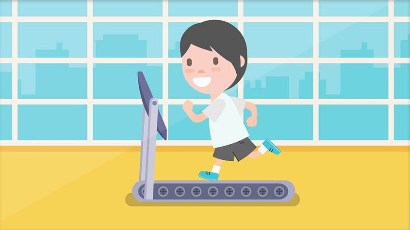 健身房里男孩在跑步机上跑步gif动画