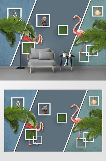 新现代简约几何热带植物火焰鸟北欧背景墙图片