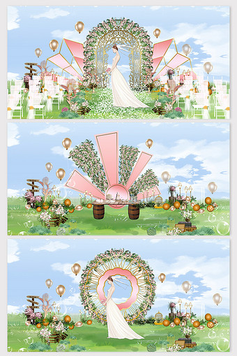 甜美浪漫粉色鲜花气球草坪婚礼效果图图片
