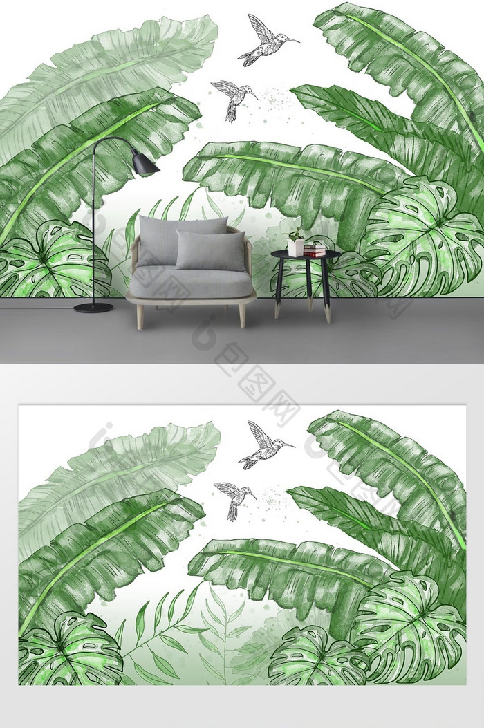 北欧手绘小鸟植物芭蕉叶背景装饰画