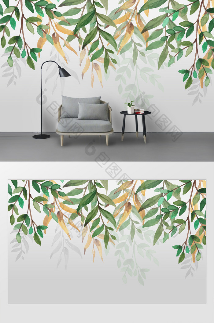 北欧手绘小清新热带植物油画水彩背景墙