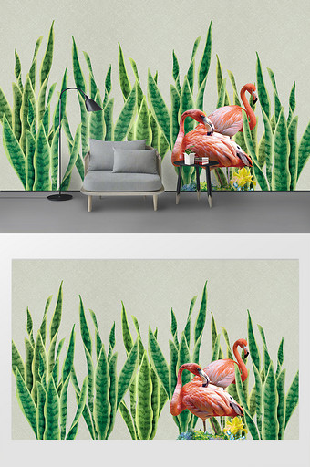北欧手绘小清新热带植物火烈鸟背景墙装饰画图片