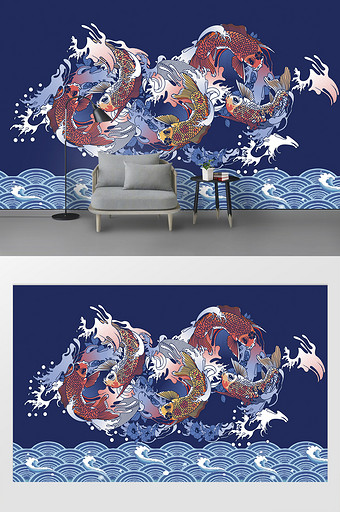 中国风国潮时尚简约手绘祥云鲤鱼背景墙图片