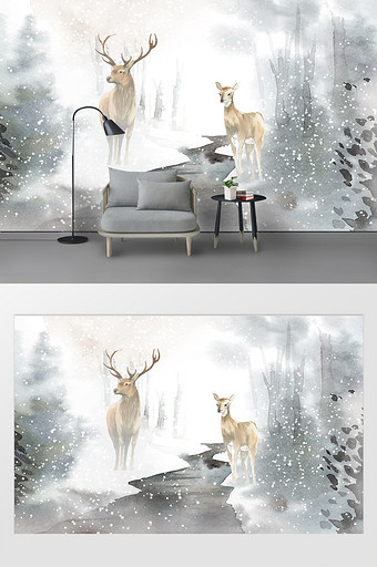 北欧清新梦幻手绘水彩森林麋鹿电视背景墙图片
