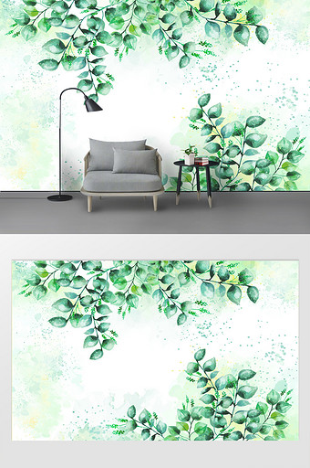 北欧清新绿色水彩手绘绿色树叶背景墙图片