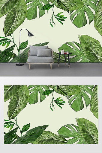 北欧清新手绘水彩绿色芭蕉树叶背景墙图片