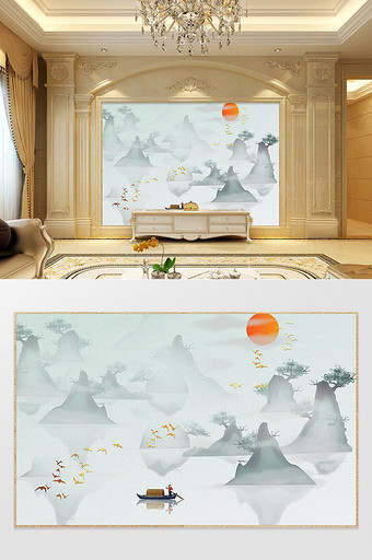 新中式意境江南山水国画电视背景墙图片