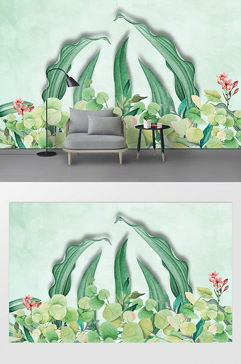 创意北欧清新水彩手绘绿色植物树叶背景墙图片