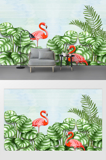 北欧清新手绘水彩叶子火烈鸟背景墙图片